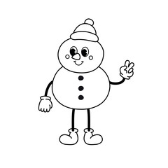 Vector groovy retro cartoon outline snowman isolated on white background