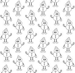 Vector seamless pattern of groovy retro cartoon snowman isolated on white background