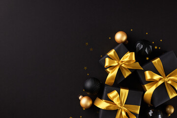 Obraz na płótnie Canvas Discover incredible discounts for Black Friday. Top view photo of black present boxes, shiny stars, holiday baubles on black background with promo area
