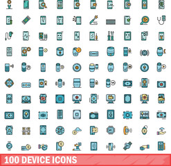 100 device icons set. Color line set of device vector icons thin line color flat on white