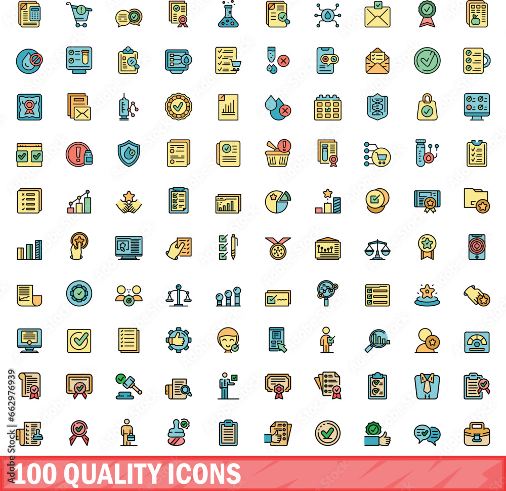 Poster 100 quality icons set. Color line set of quality vector icons thin line color flat on white - Posters