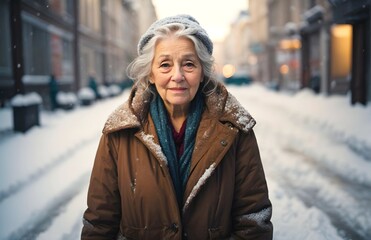 portrait of elderly grey woman standing under falling snow on the street, winter background, people banner with copy space text 