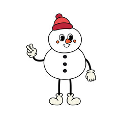 Vector groovy retro cartoon snowman isolated on white background