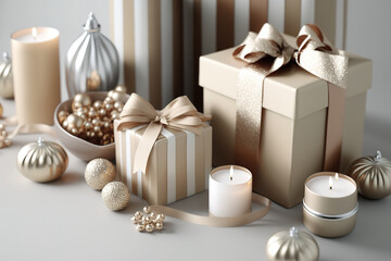 Abstract holiday present background with candles, ribbons, and light. Holiday Design. Generative AI