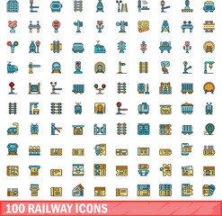 100 railway icons set. Color line set of railway vector icons thin line color flat on white