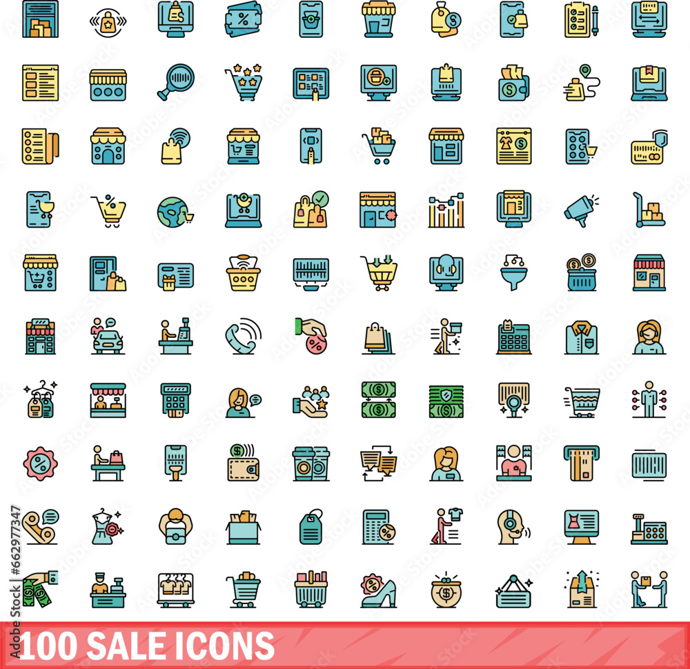 Poster 100 sale icons set. color line set of sale vector icons thin line color flat on white - Posters