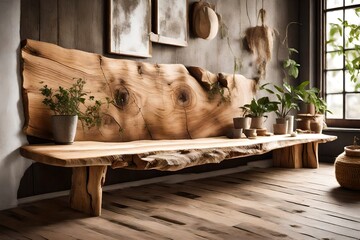 Wooden bench made from rough wood slab. Rustic boho farmhouse home interior design of modern living room