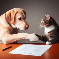 In a cozy indoor setting, two furry mammals, one with elegant whiskers and the other with a wagging tail, exchange a friendly greeting through a handshake, bridging the gap between feline and canine