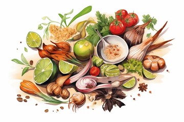 Illustration of Thai cuisine ingredients. Generative AI