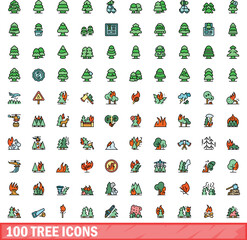100 tree icons set. Color line set of tree vector icons thin line color flat on white