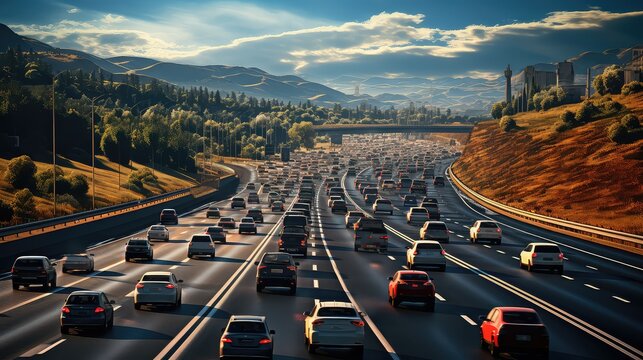 Cars, staying in traffic jam on highway in sunset, global warming, carbon trace