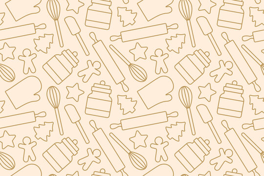 seamless christmas pattern with baking gingerbread cookies icons- vector illustration
