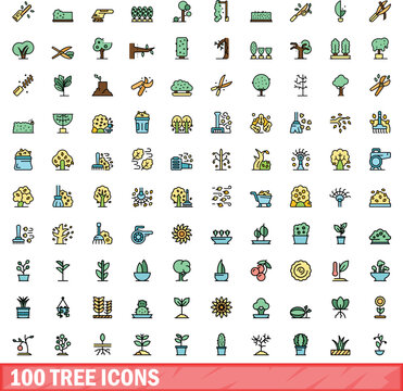 100 tree icons set. Color line set of tree vector icons thin line color flat on white