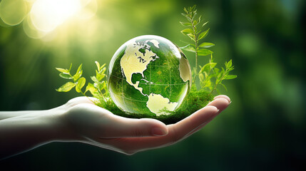 Hand hold and protect the world with a green leaves around as symbol for sustainable developmen and responsible environmental and energy sources for renewable - obrazy, fototapety, plakaty