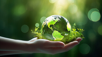 Hand hold and protect the world with a green leaves around as symbol for sustainable developmen and responsible environmental and energy sources for renewable - obrazy, fototapety, plakaty