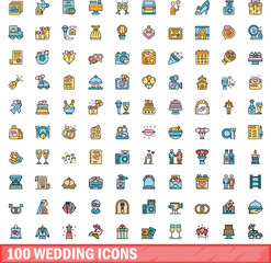 100 wedding icons set. Color line set of wedding vector icons thin line color flat on white