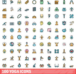 100 yoga icons set. Color line set of yoga vector icons thin line color flat on white