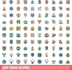 100 yoga icons set. Color line set of yoga vector icons thin line color flat on white