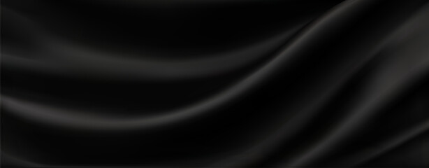 Black elegant background from silk fabric. Dark silk or satin texture. Luxury vector background design