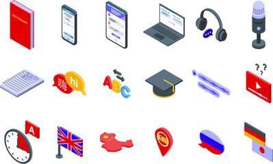 Learning a new language icons set isometric vector. Learn education study. Digital dictionary