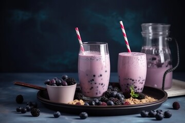 Blueberry or mixed berry milk shake in a glass, concept of Fruit blend