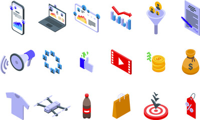 Affiliate program icons set isometric vector. Client marketing. Network company client - obrazy, fototapety, plakaty