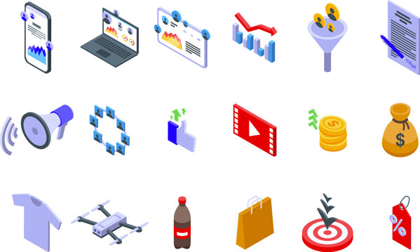 Affiliate program icons set isometric vector. Client marketing. Network company client
