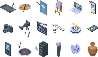 Multimedia artist icons set isometric vector. Computer making. Video visual content