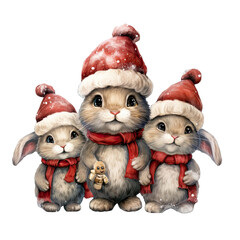 Cute Three Christmas Rabbit Wearing Santa Hat Watercolor Png