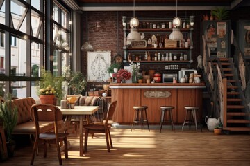 Rustic Urban Cafe Ambience: Vintage Brick Wall, Wooden Countertop Laden with Antique Bottles, Retro Signages, Lush Greenery, and Sunlit Wooden Dining Area with Cozy Seating