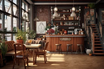Fotobehang Rustic Urban Cafe Ambience: Vintage Brick Wall, Wooden Countertop Laden with Antique Bottles, Retro Signages, Lush Greenery, and Sunlit Wooden Dining Area with Cozy Seating © Bryan