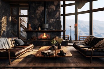 Cozy Mountain Retreat: Spacious Wooden Living Room with Large Windows Overlooking Serene Landscape, Warm Fireplace, and Stylish Modern Furniture, Wood Coffee Table - obrazy, fototapety, plakaty