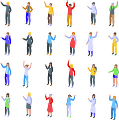 Fototapeta na wymiar People gesturing hi icons set isometric vector. Hello waving. Welcome student say