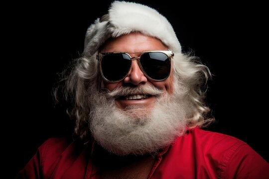 Pоrtrait of brutal smiling Santa Claus in sunglasses looking at the camera on a black background