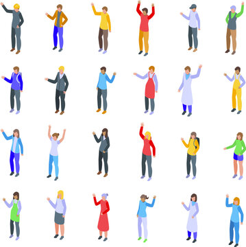 People gesturing hi icons set isometric vector. Hello waving. Welcome student say