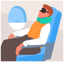 Passenger sleeping with pillow around neck in comfortable airplane seat vector illustration. Cartoon man sitting by closed window to sleep at nap time during flight, person in plane cabin interior
