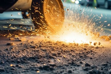 Details of hammer breaking concrete with sparks and dust during road reconstruction. Repairs in civil engineering. Generative AI