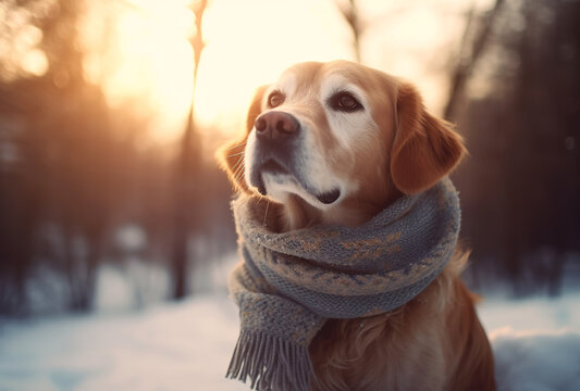Golden retriever dog in a blue scarf outdoors against a background of winter forest and snow
