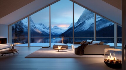 Interior of a hotel room with a panoramic window overlooking the mountains. 3d rendering of modern bright interiors Living room with mountain view.