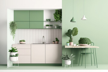 Modern contemporary kitchen, green interior design concept background with copy space, foreground white wall with potted plant. Generative AI