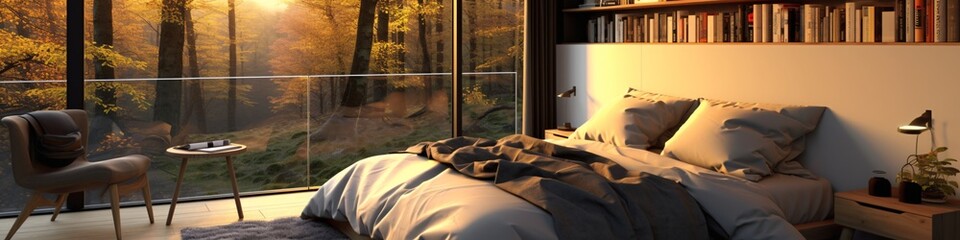 Luxury bedroom interior with bed and pillows in sunny day