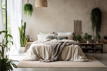 modern bedroom interior design with white bed and plants. scandinavian style