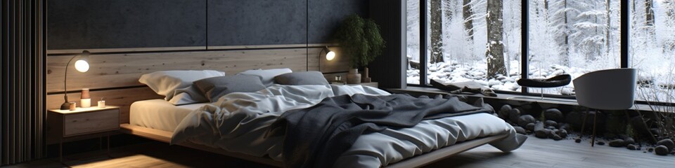 Fototapeta na wymiar modern bedroom interior design with white bed and plants. scandinavian style
