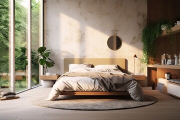 Interior of modern bedroom with wooden bed and plants. 3d render