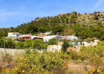 Obraz premium House in Spanish village. Village with country houses in an orange field. Agricultural field against backdrop of rural houses in mountains. Mountains landscape. Villa near mountain with farm field
