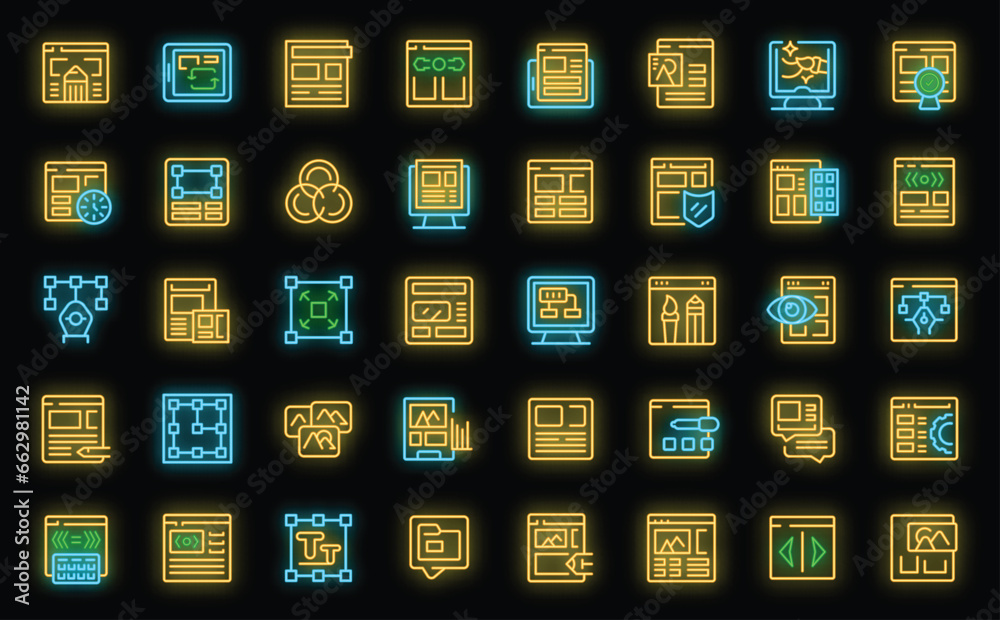 Wall mural interface designer icons set outline vector. person system. computer designer neon color on black