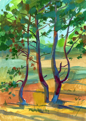 Painted watercolor landscape with a pine tree in the foreground. Freehand sketch drawing