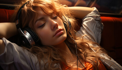 A serene woman, eyes closed, enjoying music with headphones generated by AI