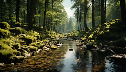 Tranquil scene of a wet forest, green leaves, and flowing water generated by AI