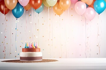 cute birthday baby cake celebration with balloons - obrazy, fototapety, plakaty